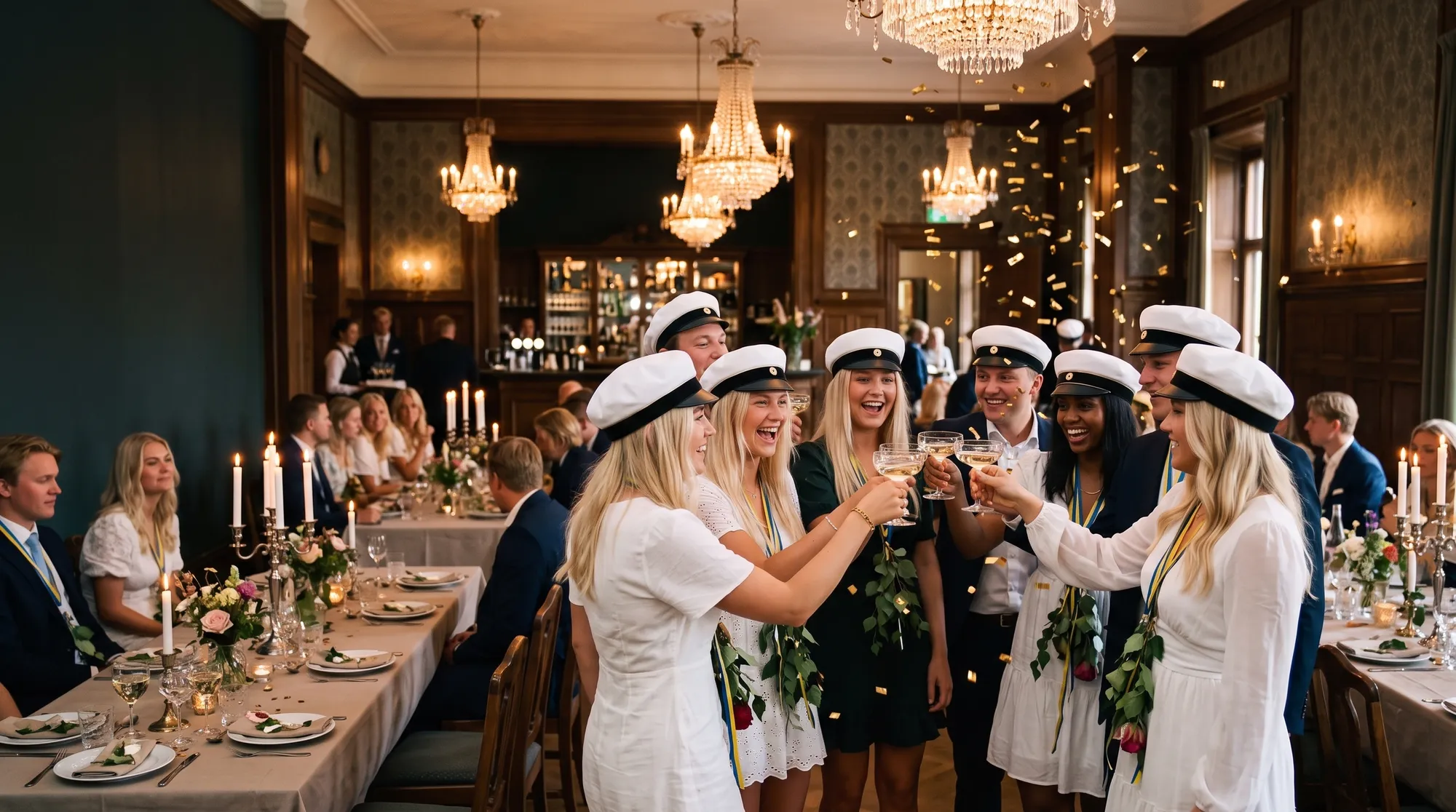 Studenter i studentmössor dansar och skålar på en livfull studentskiva i sekelskiftesmiljö