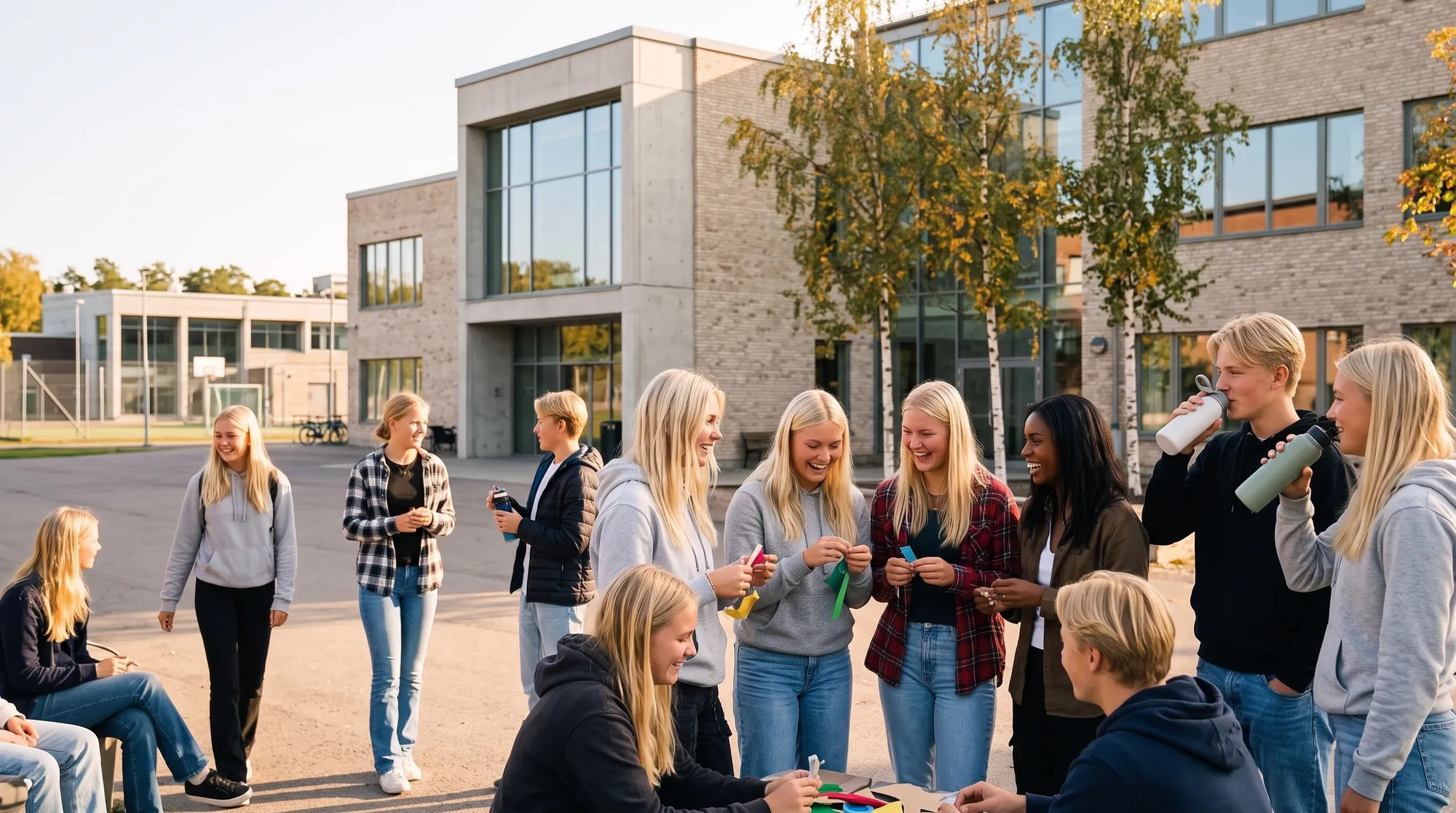 Äldre elever välkomnar nya gymnasieelever med lekar vid terminsstart