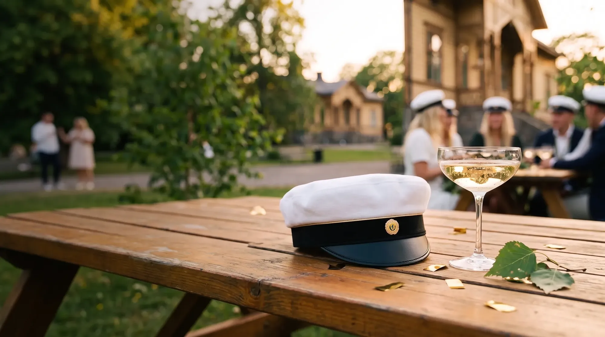 Studentmössa bredvid ett fyllt champagneglas på ett bord i varmt kvällsljus