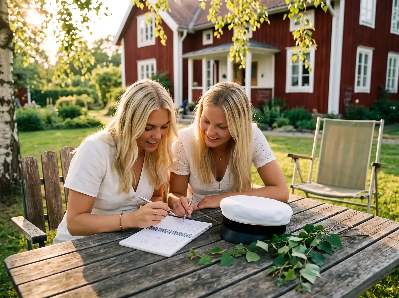 Två vänner planerar studentfirandet tillsammans vid ett bord utomhus