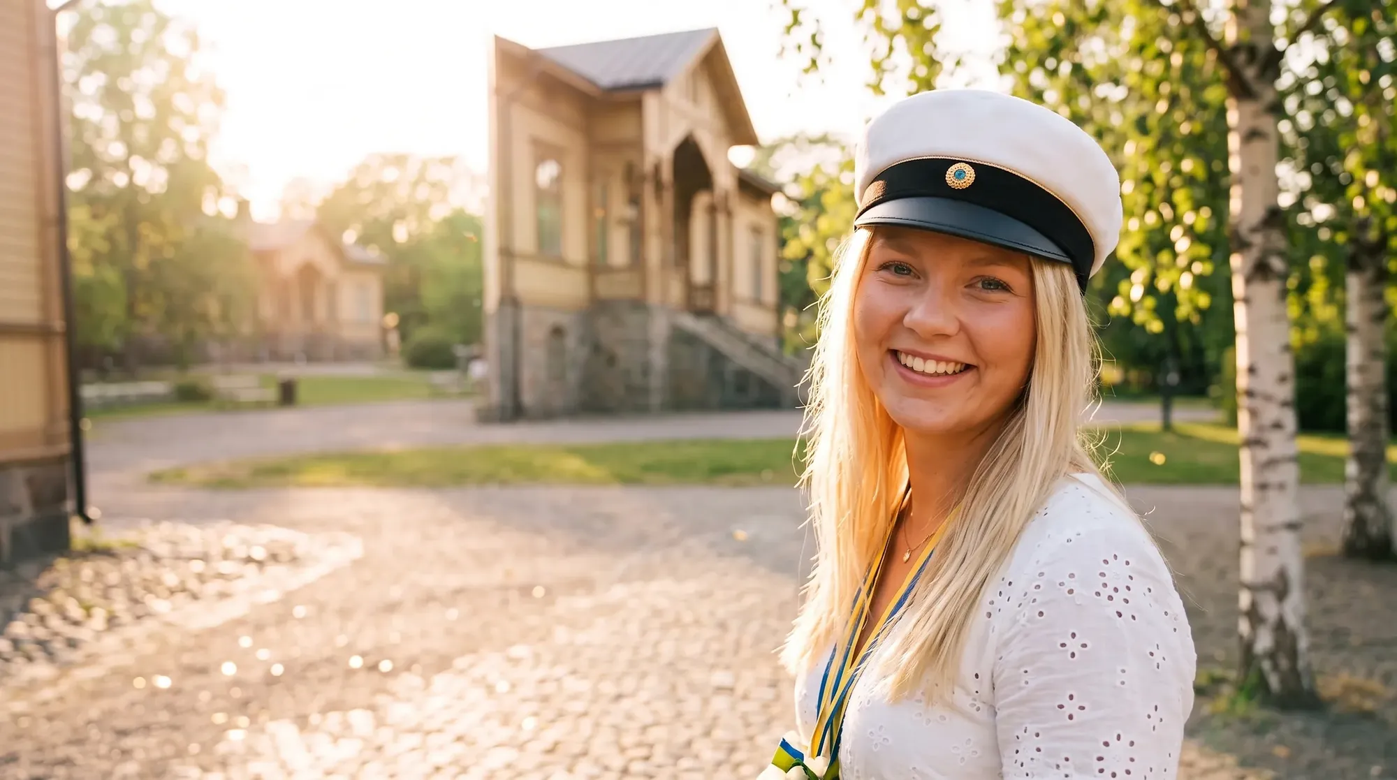 Student i studentmössa på en sommargata i Göteborg
