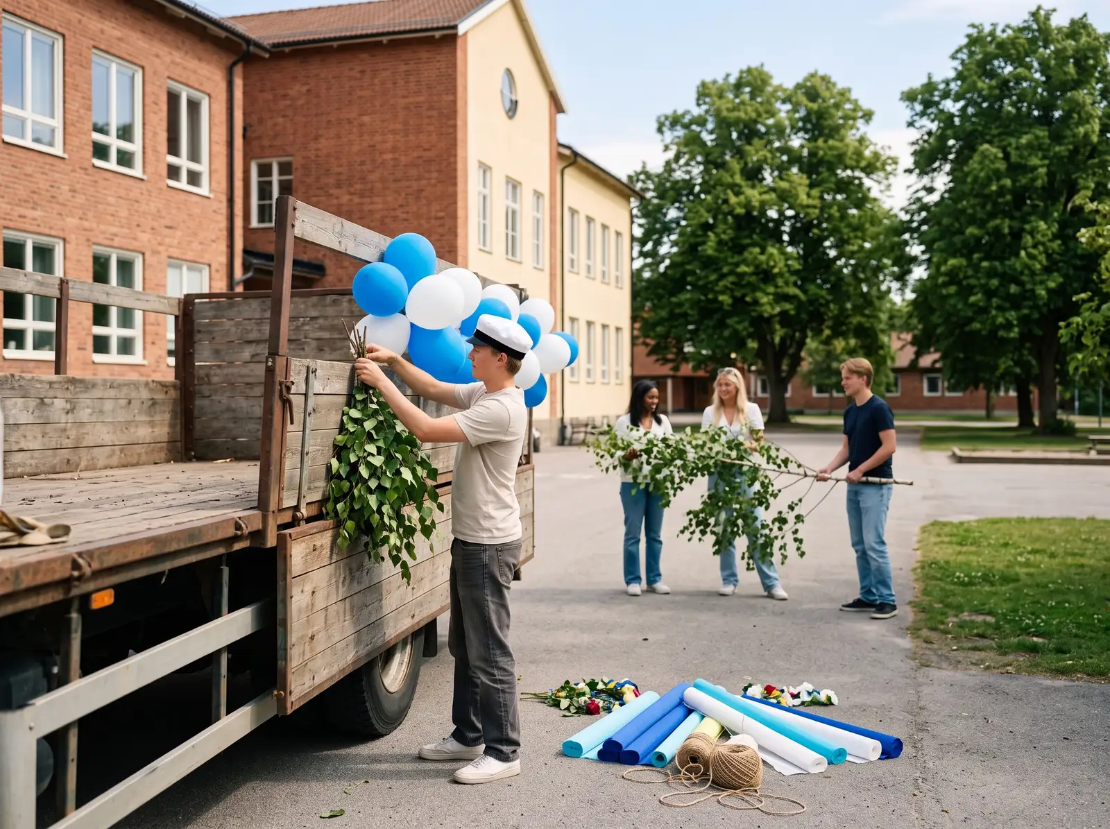 Studentflak pyntas med björkris och guld- och grönballonger inför avfärd