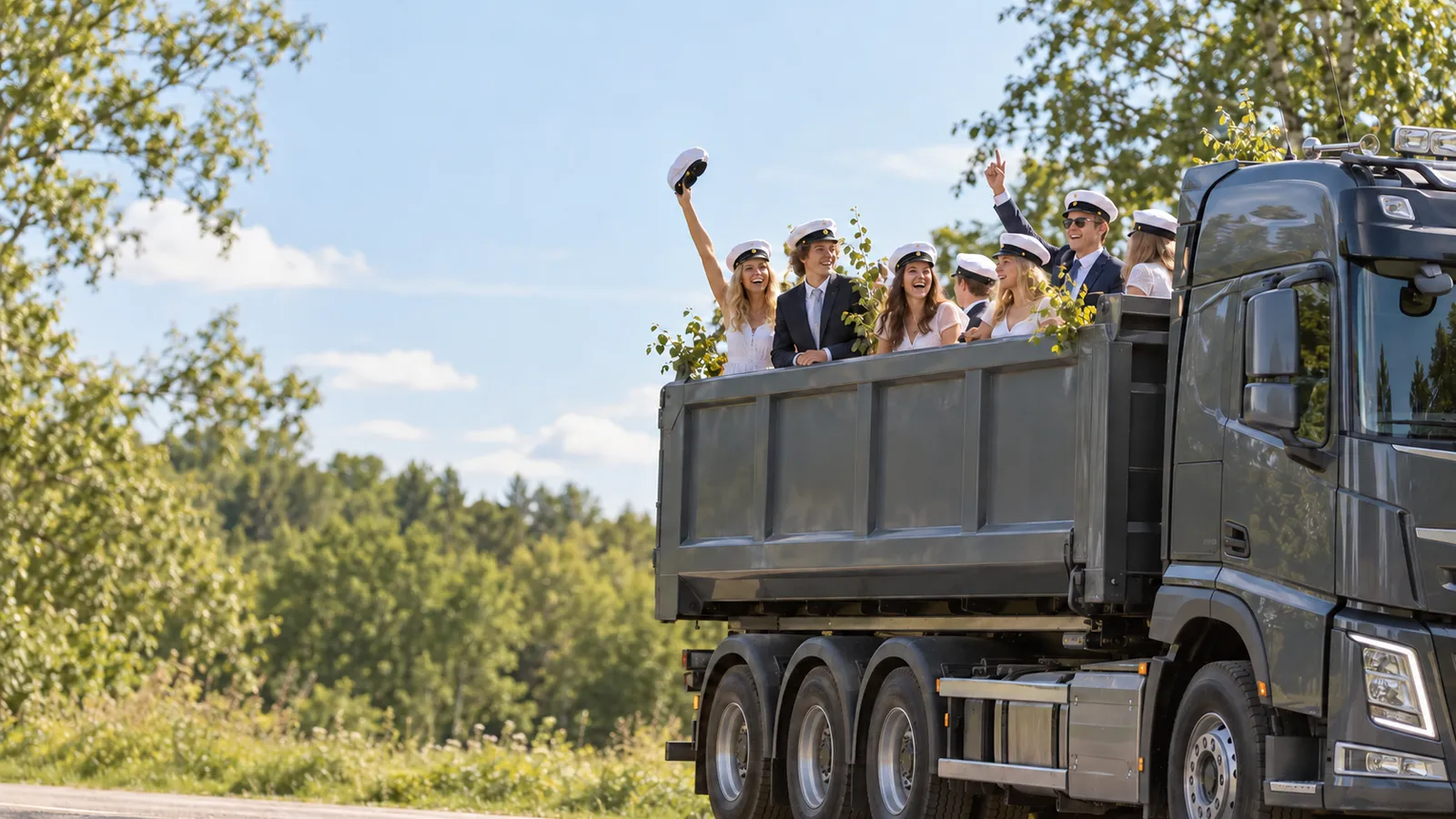 Illustration för studentflak i Skåne med studenter på ett metallflak och modern lastbil.