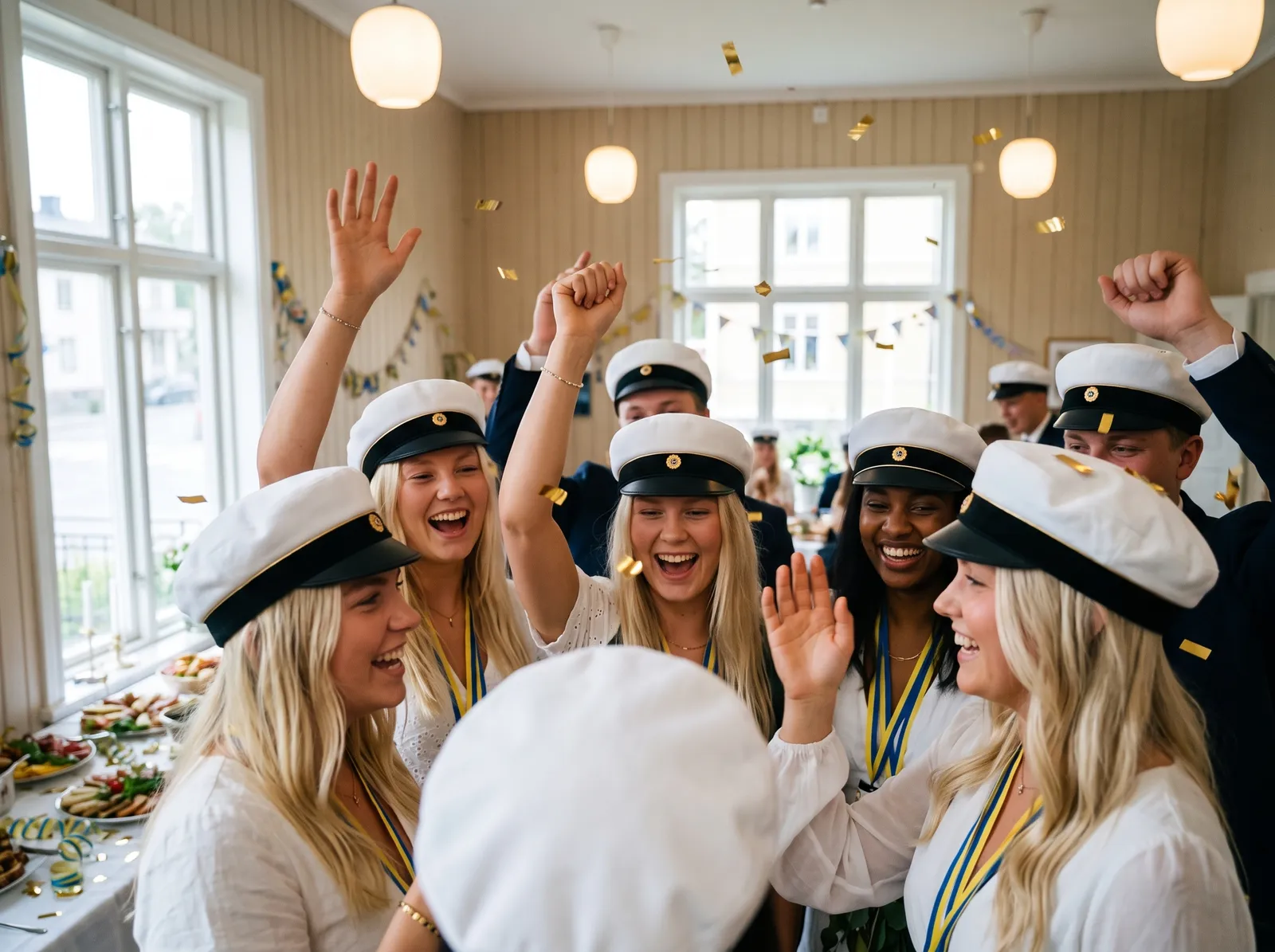 Grupp glada studenter i nysatta studentmössor jublar tillsammans med guldkonfetti i luften