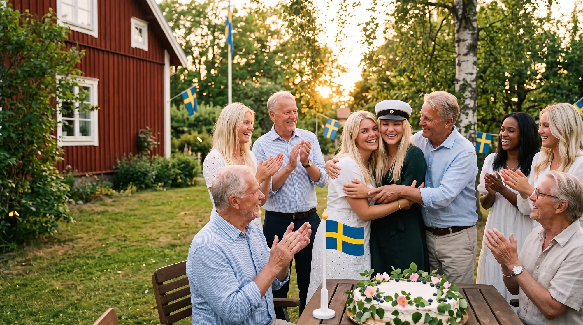 Familj firar en nybliven student i trädgården med tårta och flaggor