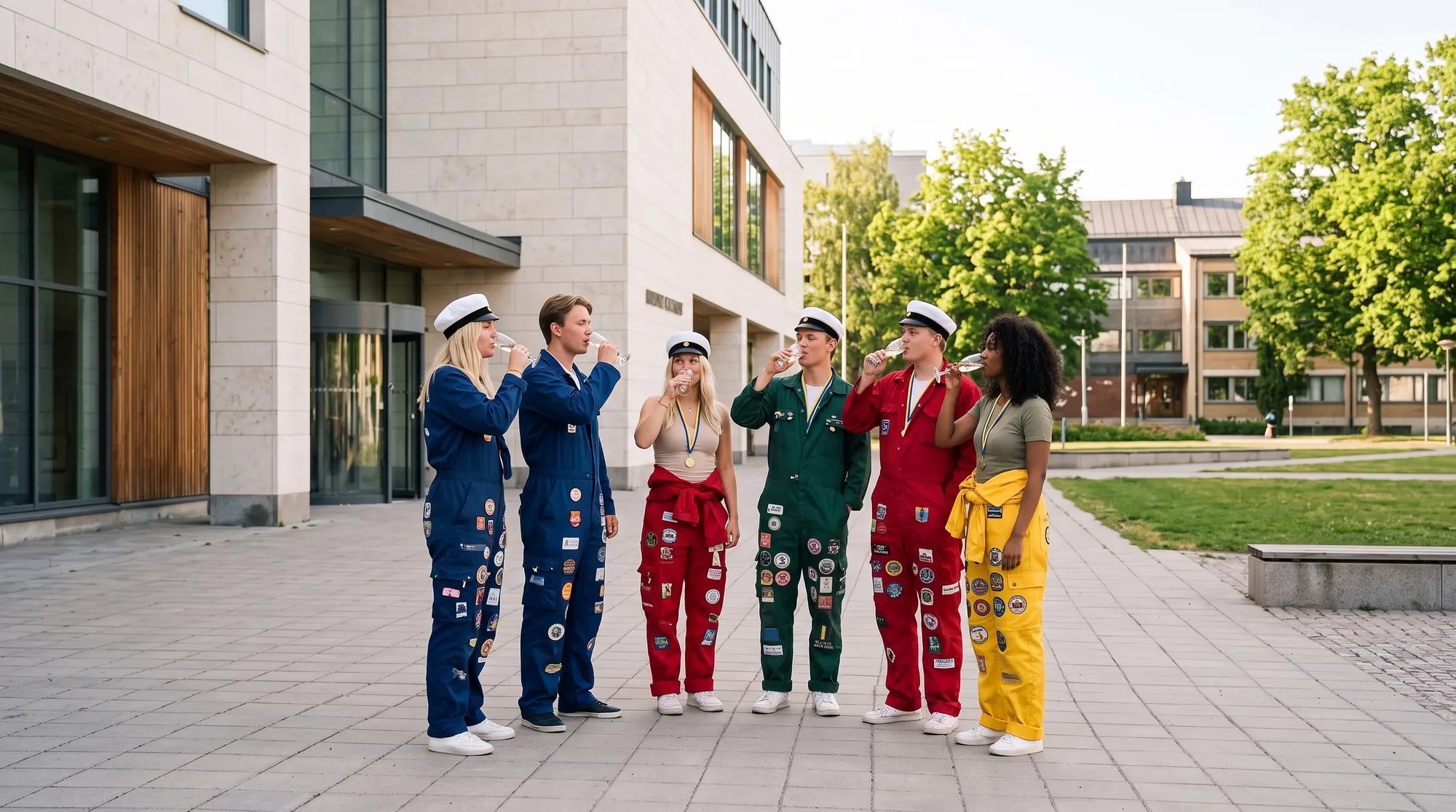 Svenska studenter i färgglada studentoveraller med märken och pins