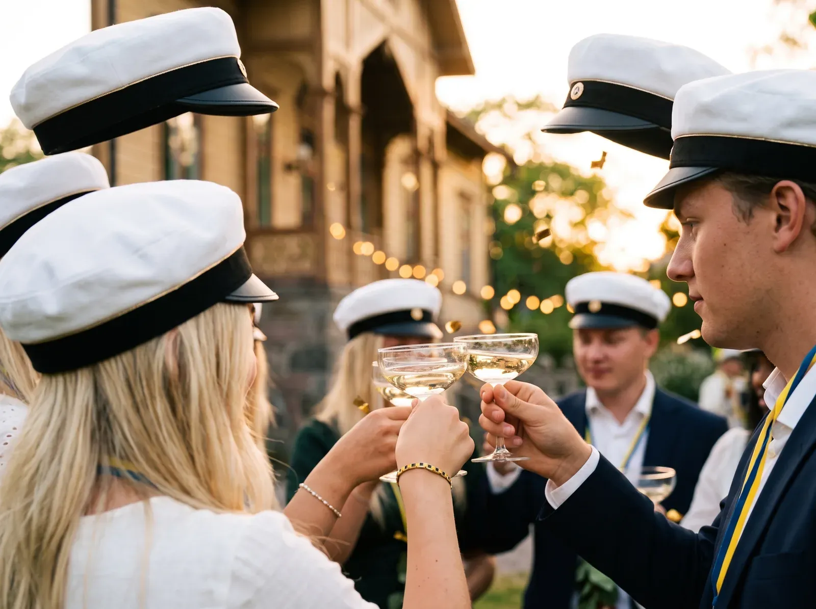 Två studenter skålar med champagneglas mitt i guldkonfetti på en studentskiva