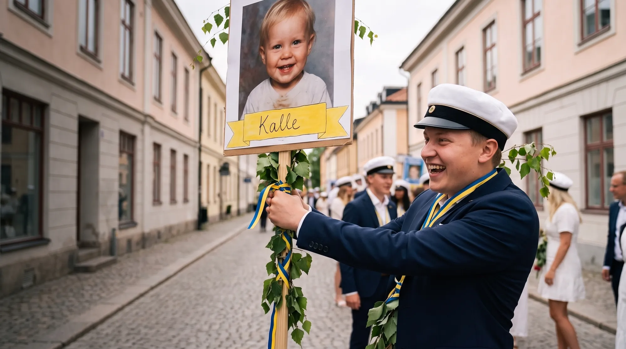 Någon håller upp en studentskylt inför studenten